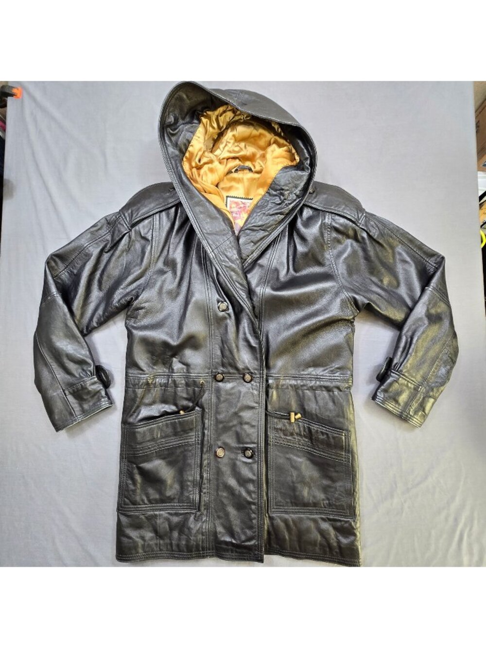 Clout Womens Large Hooded Leather Jacket Black Drawstring Waist Double-Breasted